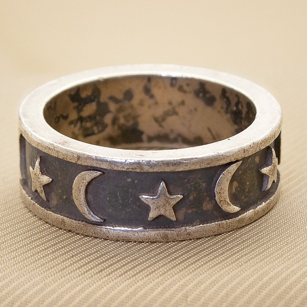 Vintage Sterling Silver Moon & Stars Band Ring, 925 Silver, Sz 9.5